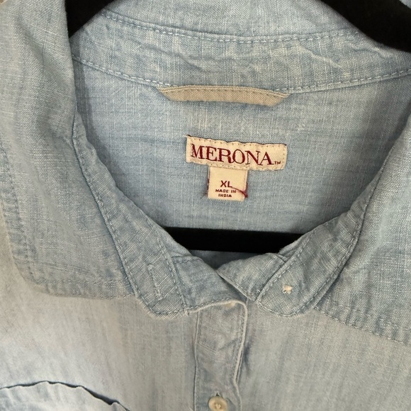 Merona Distressed Denim Casual 3/4 Button Down Shirt with Relaxed Fit, XL - Picture 3 of 7